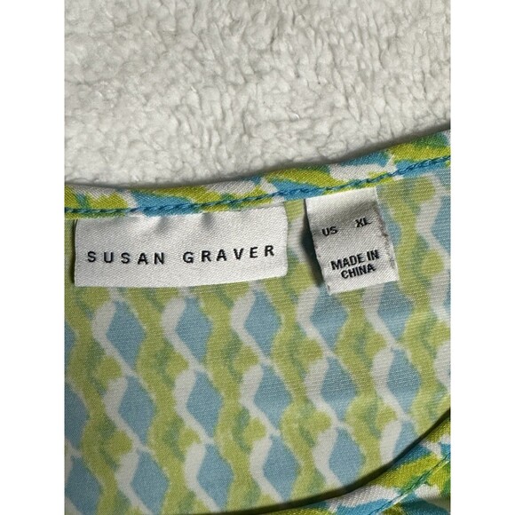 Susan Graver Blouse Sz XL Green Blue Diamond Geometric Pattern 1/4 Zipper - Picture 3 of 8